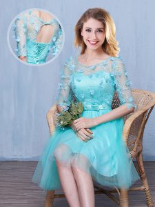 Custom Made Scoop Aqua Blue Half Sleeves Tulle Lace Up Quinceanera Dama Dress for Prom and Party and Wedding Party