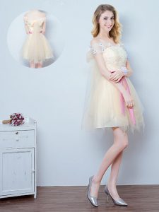 Unique Champagne Off The Shoulder Lace Up Lace and Appliques and Ruffles and Bowknot Dama Dress Short Sleeves