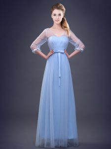 Charming Light Blue Half Sleeves Tulle Lace Up Vestidos de Damas for Prom and Party and Wedding Party