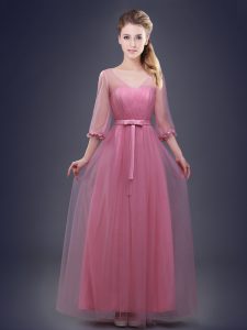 High Quality Floor Length Pink Dama Dress V-neck Half Sleeves Lace Up