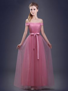 Designer Pink Off The Shoulder Neckline Ruching and Bowknot Dama Dress for Quinceanera Sleeveless Lace Up
