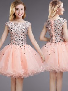 Suitable Bateau Cap Sleeves Organza Dama Dress for Quinceanera Beading and Sequins Lace Up