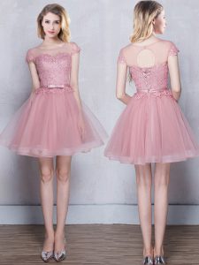 Scoop Pink Short Sleeves Tulle Lace Up Quinceanera Dama Dress for Prom and Party and Wedding Party