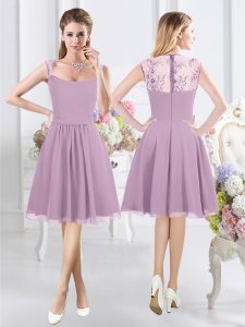 Beautiful Straps Cap Sleeves Knee Length Lace Zipper Dama Dress for Quinceanera with Lavender