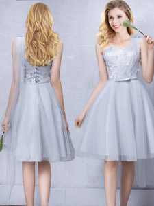 Fancy One Shoulder Sleeveless Tulle Knee Length Lace Up Quinceanera Court of Honor Dress in Grey with Lace and Appliques and Belt