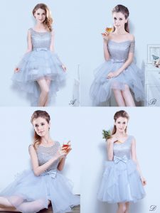 Grey Scoop Lace Up Lace and Ruffles and Ruffled Layers and Bowknot Dama Dress for Quinceanera Sleeveless