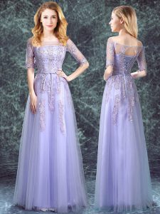 Traditional Square Half Sleeves Lace Up Floor Length Appliques Court Dresses for Sweet 16