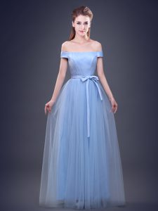 Decent Off The Shoulder Sleeveless Damas Dress Floor Length Ruching and Bowknot Light Blue Tulle