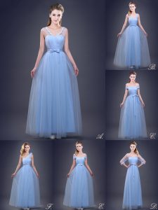 High Class Light Blue Sleeveless Beading and Appliques and Ruching and Bowknot and Hand Made Flower Floor Length Damas Dress