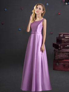 Noble Square Sleeveless Dama Dress for Quinceanera Floor Length Bowknot Lilac Elastic Woven Satin