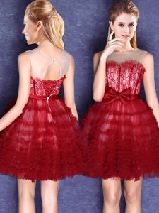 Cheap Scoop Mini Length Lace Up Dama Dress for Quinceanera Wine Red for Prom and Party and Wedding Party with Lace and Bowknot
