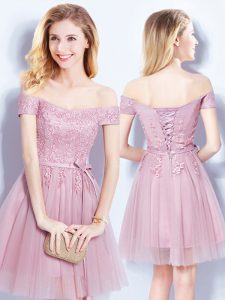 Low Price Off the Shoulder Mini Length Lace Up Quinceanera Court of Honor Dress Pink for Prom and Party and Wedding Party with Appliques and Belt
