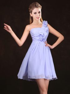 Dynamic One Shoulder Lavender Zipper Dama Dress for Quinceanera Ruffles and Ruching Sleeveless Mini Length