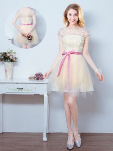 Scoop Champagne A-line Lace and Appliques and Ruffles and Bowknot Quinceanera Dama Dress Lace Up Tulle Short Sleeves Mini Length