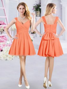 Orange A-line Straps Sleeveless Chiffon Mini Length Zipper Ruching and Belt Quinceanera Court of Honor Dress