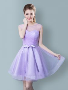 Romantic Scoop Lavender Tulle Zipper Dama Dress for Quinceanera Sleeveless Knee Length Ruching and Bowknot