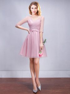 Delicate Mini Length A-line Half Sleeves Pink Damas Dress Lace Up