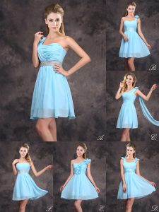 Custom Made Baby Blue Neckline Ruffles and Sequins and Ruching and Bowknot and Hand Made Flower Dama Dress for Quinceanera Sleeveless Zipper