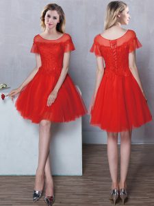 Comfortable Scoop Red Tulle Lace Up Dama Dress Short Sleeves Mini Length Lace