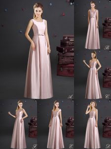 Vintage Pink Empire Elastic Woven Satin Square Sleeveless Bowknot Floor Length Zipper Dama Dress for Quinceanera