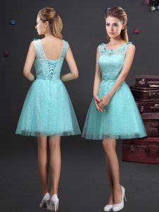 Pretty Scoop Sleeveless Tulle Quinceanera Court of Honor Dress Lace and Appliques and Belt Lace Up