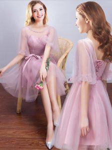Scoop Pink Half Sleeves Ruching and Bowknot Mini Length Quinceanera Dama Dress