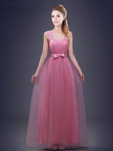 Straps Pink Tulle Lace Up Quinceanera Court Dresses Sleeveless Floor Length Ruching and Bowknot