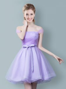 Fancy Lavender Empire Tulle Off The Shoulder Sleeveless Ruching and Bowknot Knee Length Zipper Quinceanera Court Dresses