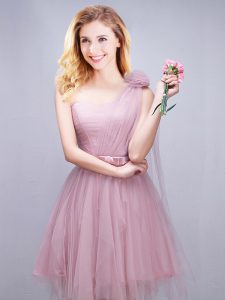 One Shoulder Tulle Sleeveless Mini Length Quinceanera Court Dresses and Ruching and Bowknot and Hand Made Flower