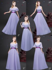 Dazzling Lavender Damas Dress Prom and Party and Wedding Party and For with Ruffled Layers and Ruching and Belt Off The Shoulder Sleeveless Zipper