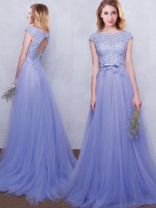 Deluxe Scoop Lavender Tulle Backless Quinceanera Court of Honor Dress Cap Sleeves With Brush Train Lace and Belt