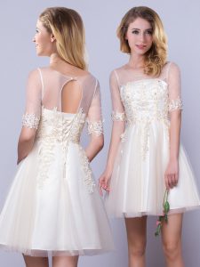 Glittering Champagne Tulle Lace Up Scoop Half Sleeves Mini Length Quinceanera Dama Dress Appliques