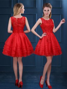 Scoop Red Sleeveless Mini Length Lace and Ruffled Layers Zipper Quinceanera Dama Dress