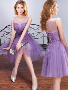 Scoop Mini Length Lavender Quinceanera Court Dresses Tulle Sleeveless Beading and Ruching and Belt