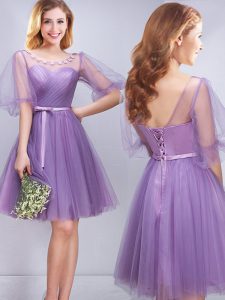 Scoop Lavender A-line Appliques and Ruching and Belt Quinceanera Court Dresses Lace Up Tulle Half Sleeves Mini Length