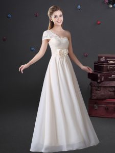 One Shoulder White Zipper Quinceanera Court Dresses Lace and Bowknot Sleeveless Floor Length