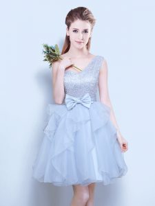 Shining One Shoulder Grey Sleeveless Organza Lace Up Quinceanera Court Dresses for Prom and Party and Wedding Party