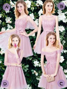 Sleeveless Tulle Mini Length Lace Up Quinceanera Court Dresses in Pink with Appliques and Belt