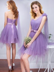 Exceptional Tulle One Shoulder Sleeveless Lace Up Ruffles and Ruching and Belt and Hand Made Flower Quinceanera Court Dresses in Lavender