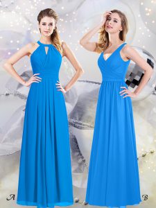 Fine Halter Top Baby Blue Sleeveless Floor Length Ruching Zipper Damas Dress