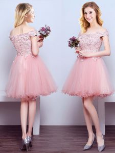 Ideal Off the Shoulder Mini Length Lace Up Court Dresses for Sweet 16 Pink for Prom and Party and Wedding Party with Beading and Lace