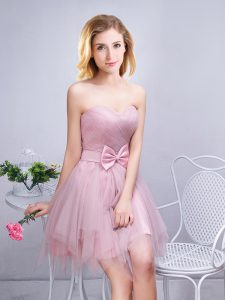 Pretty Pink Sleeveless Ruching and Bowknot Mini Length Damas Dress