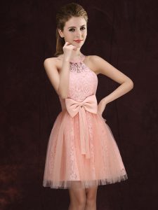 Fabulous Halter Top Peach A-line Lace and Bowknot Quinceanera Court Dresses Lace Up Tulle and Lace Sleeveless Mini Length