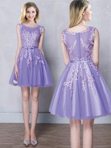 Romantic Scoop Lavender Sleeveless Tulle Zipper Quinceanera Court of Honor Dress for Prom and Party and Wedding Party