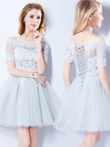 Exceptional Off the Shoulder Short Sleeves Tulle Mini Length Lace Up Dama Dress for Quinceanera in Light Blue with Lace