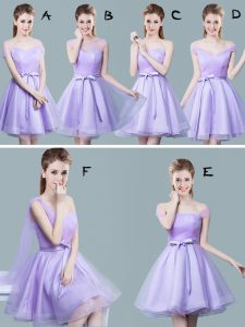 Straps Ruching and Bowknot Damas Dress Lavender Zipper Cap Sleeves Knee Length