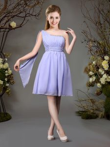 Smart Lavender Zipper One Shoulder Beading and Ruching Dama Dress Chiffon Sleeveless