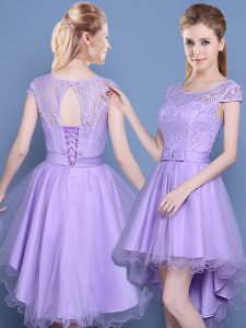 Gorgeous Scoop Cap Sleeves Lace Up Damas Dress Lavender Tulle