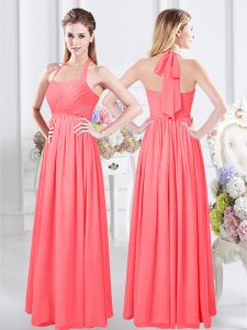 Hot Sale Halter Top Watermelon Red Sleeveless Chiffon Zipper Quinceanera Court of Honor Dress for Prom
