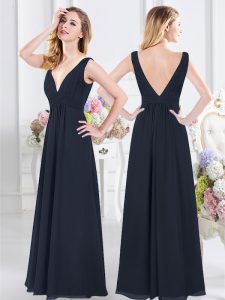 Sleeveless Floor Length Ruching Backless Court Dresses for Sweet 16 with Navy Blue